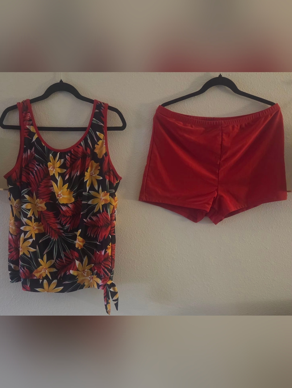 Tropical Floral Swim Tank Top with Red Swim Shorts